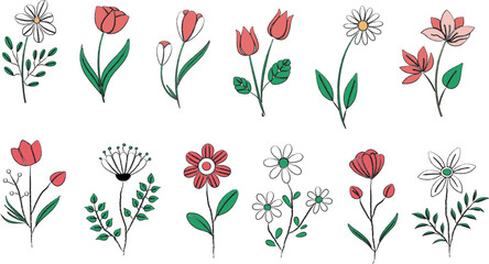 Hand-drawn floral vector elements collection. Big set of stylized wildflowers, botanical illustrations with leaves. Simple flat design doodle style flowers for spring decoration.