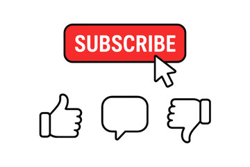 Subscribe button with cursor pointer. Like, comment, and dislike icon set. Social media engagement, user interaction for video channel, blog, website. Vector on transparent background.
