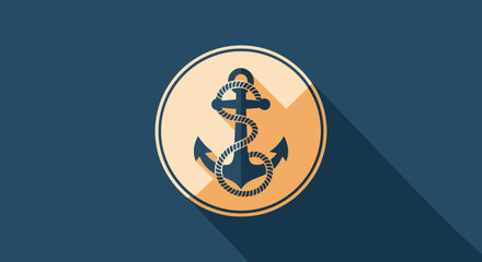 Stylized Nautical Anchor Wrapped with Rope in a Circle with Long Shadow.