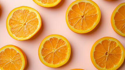 Fototapeta premium Fresh orange slices arranged in a symmetrical pattern on a pastel pink background. Each slice reveals vibrant citrus segments