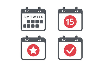 Calendar icon set for web and mobile apps. Vector illustration of schedule, appointment, reminder, and important date markers like checkmark and star. Flat design element.
