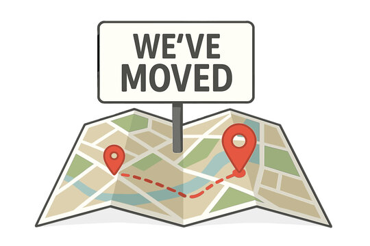 We have moved vector illustration concept. Folded paper map with indication of the moving address. Route on the map. We're moved new office, changed address navigation.