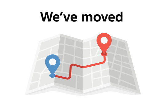 We've moved concept with folded paper map and location pins. New address announcement for business relocation. Navigation route from old to new office location vector.