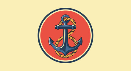 Stylized Navy Blue Anchor with Golden Rope in Red and Blue Circle.