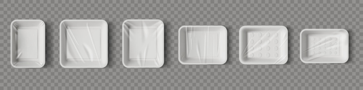 Plastic package. Food tray mockup. Empty box top view. Container pack in transparent wrap film. White square merchandise packet. 3D styrofoam packaging. Vector disposable wrappers set