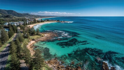 Coastal vista showcasing a turquoise bay, rocky shoreline, and distant town nestled beneath a clear sky