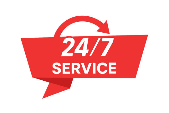 Red banner 24/7 service icon. Vector concept for always open, 24 hours a day, 7 days a week customer support. Nonstop assistance and call center availability sign.