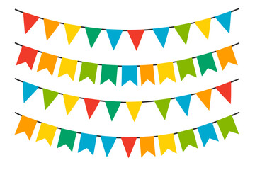 Set of colorful flag garlands for party decoration. Carnival bunting with flags. Decorative party pennants for birthday celebration, festival and fair background design.