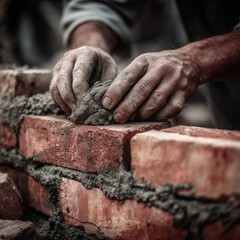 Bricklayer placing red bricks with mortar at construction site