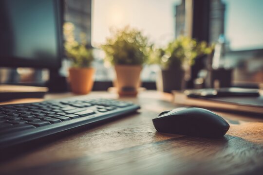 Wireless keyboard and mouse on wooden desk with sunlight and houseplants