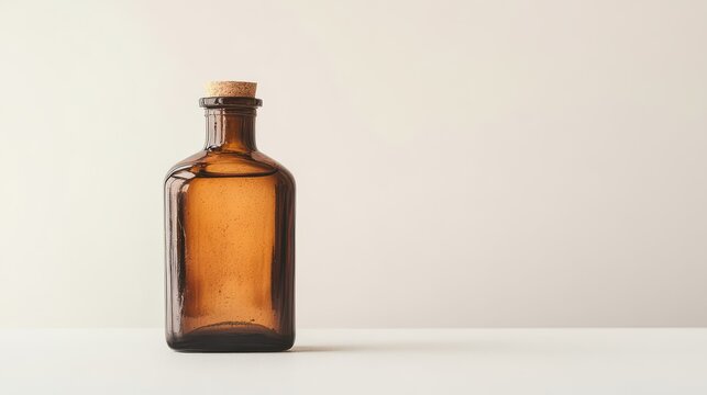 Amber glass bottle with cork stopper on tabletop in serene setting