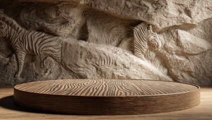 Wooden podium in a cave-like setting