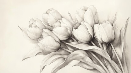 Serene drawing of seven tulips indoors in a studio setting