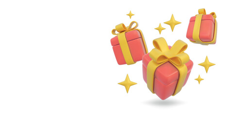 3d gift background. Present box package party, realistic giftbox for happy birthday. Advertising banner template. Wrapped giftbox and stars. Render glossy vector illustration with copy space