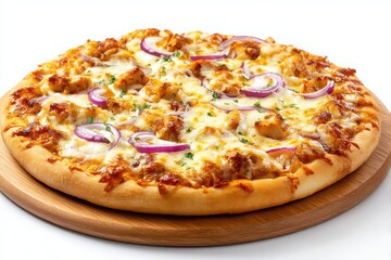 Deliciously prepared chicken and red onion pizza with melted cheese and fresh parsley isolated on white background