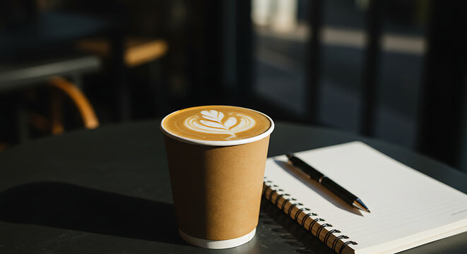 A to-go paper cup of hot latte with latte art on top, placed on a caf&eacute; table with a notebook and pen nearby, soft urban morning light in the background