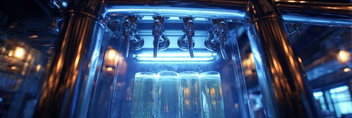 Low Angle View of Illuminated Beer Tower Dispenser in a Vibrant Bar Setting During Evening Hours