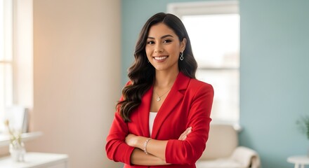 Obraz premium Woman in red blazer with arms crossed smiling female