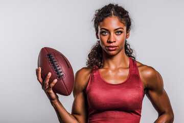 Empowered multiethnic female athlete with rugby ball,