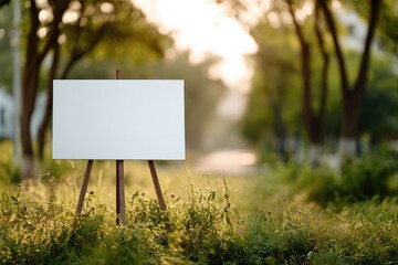 Blank canvas on easel in park at sunset