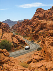 A tar road going through the vibrant red rocks of the Valley of Fire State Park in Nevada, USA, on a clear sunny day.