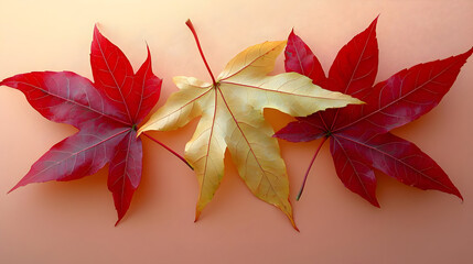 Three vibrant autumn leaves,  red and yellow,  arranged  on a peach-toned background.  Detailed close-up view of leaf  veins and textures