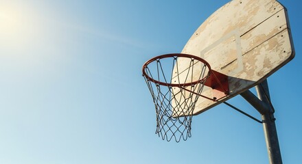 青空の下、輝くバスケットゴールが静かに佇む様子