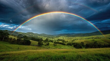 Naklejka premium Double rainbow over rolling hills