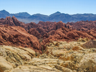 Vibrant reds and light yellows of the different rock types of the Valley of Fire State Park in Nevada, USA, with mountains rising in the background, as seen from Rainbow vista viewpoint.