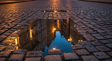 Cobblestone street puddle reflection