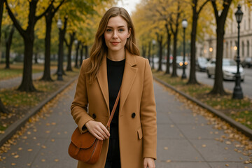 Young Woman in Camel Coat Strolling Through Tree-Lined Avenue in Autumn