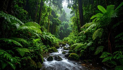 Obraz premium Lush jungle stream foliage