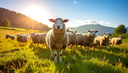 Sheep flock in a sunlit pasture, mountains in the background