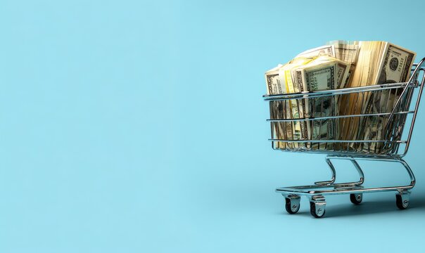 Shopping cart filled with money on a light blue background (2)