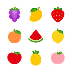 A set of various fruit illustration icons. Including photo, mango, strawberry, orange, watermelon, lemon, apple, pineapple, peach, etc.
