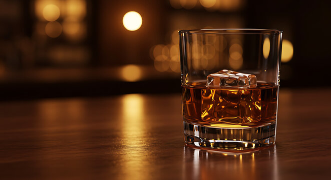 A tumbler glass of whiskey with a large ice cube on a dark wood bar with moody lighting and bokeh background from warm bar lights