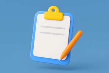 Minimalist 3d render featuring orange pen resting on blue clipboard with blank document, symbolizing survey or exam process against vivid blue background