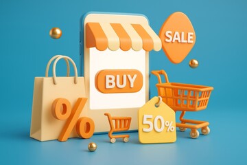 Digital mobile screen showing virtual storefront, shopping cart icon, markdown tag, percent sign highlighting budget friendly online retail purchasing process
