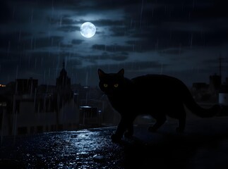 Black cat on a rooftop at night under a full moon