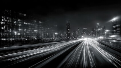Night city highway with binary code