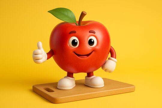 Smiling red apple character giving thumbs up, standing confidently on wooden cutting board with bright yellow background, personifying fruity positivity