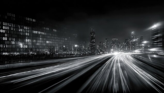Fototapeta Night city highway with binary code