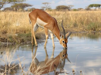 Gazelle drinking water, serene African savanna scene with reflection.