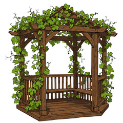 Garden Gazebo Made of Wood with Climbing Grape Vines on Transparent Background
