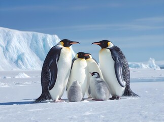Emperor Penguin Family on Antarctic Ice A Portrait of Wildlife and Survival