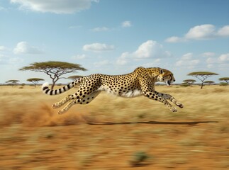 Cheetah Sprinting Across African Savanna Under Sunny Sky