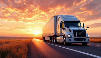Cinematic shot of a white truck and trailer driving on US roads at sunset.
