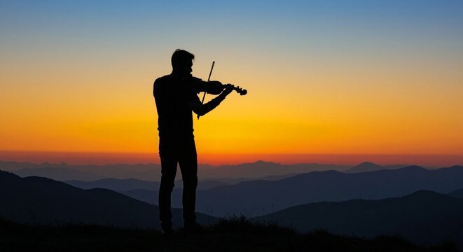 Violinist Enchants Mountains, Captivating Audience with Music, Inspiring Serenity in Nature's Beauty, Breathtaking Viewpoint