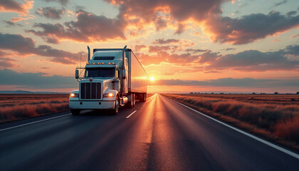 Cinematic shot of a white truck and trailer driving on US roads at sunset.
