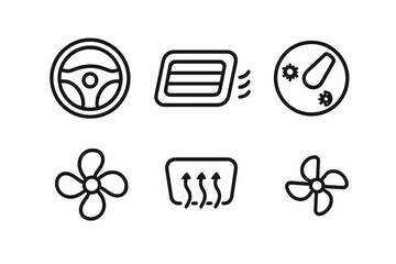 Car climate control icon set. Automobile dashboard outline symbols. Air conditioning, heating, fan speed, defrost and vent buttons. Vector line art illustration.